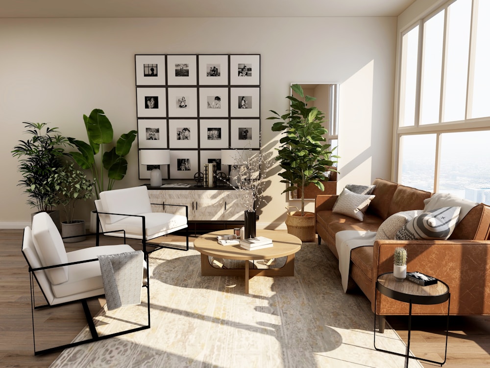 Spotless sunlit living room with pristine floors and decor